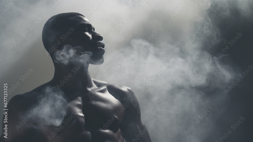 African male athlete shows off his trained pectoral muscles on black and smoke background. Health and exercise concept - obrazy, fototapety, plakaty 