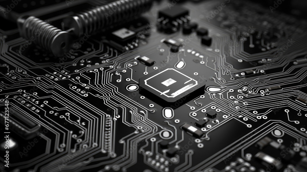 Fototapeta premium Black and White Cartoon Style PCB Board with Wires