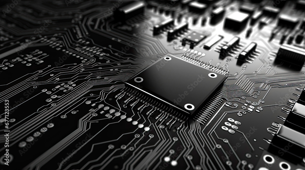 Black and White Cartoon Style PCB Board with Wires Black and White Cartoon Style PCB Board with Wires