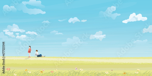 Couple of lover in the grass field with blue sky background vector illustration have blank space. Valentine's day greeting card template.