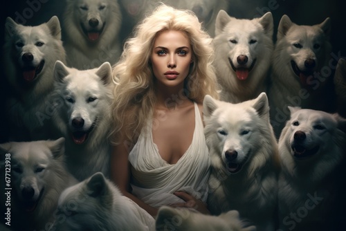Fotografie, Obraz Une magnifique femme blonde, entourée d'une meute de loups blancs