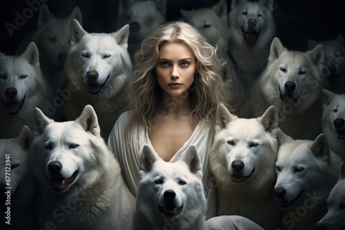 Fototapeta Une magnifique femme blonde, entourée d'une meute de loups blancs