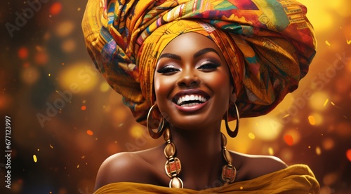 Portrait d'une jolie jeune femme africaine, souriante sur fond jaune, orange photo