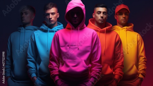 Cinq jeunes hommes qui posent en sweat-shirt à capuche, couleurs vives et différentes, arrière-plan noir photo