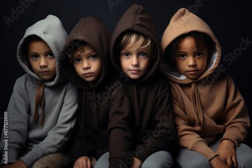 Quatre jeunes enfants assis et habillés avec des vêtements foncés, capuche sur la tête, arrière-plan noir
