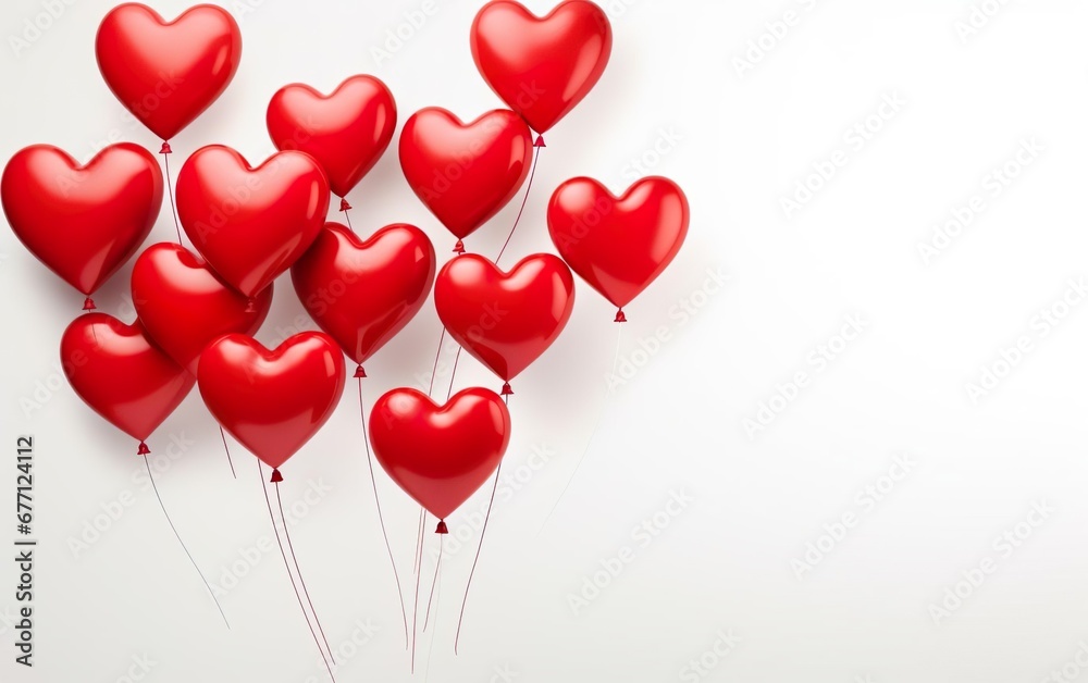 Red heart shaped latex balloons flying isolated on white background. Launching balloons. Valentines day, engagement or wedding party poster. AI Generative