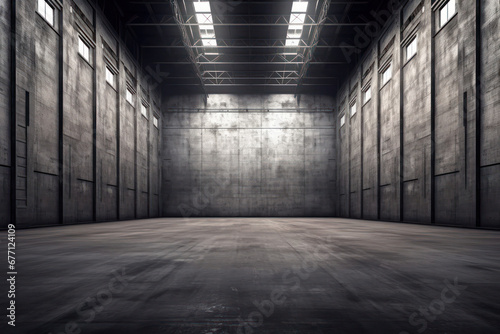 The symmetrical grandeur of an empty industrial hall  with natural light softly illuminating the vast concrete space.