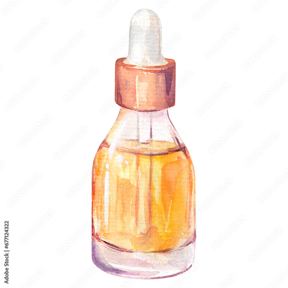 Glass bottle with essential oil on a white background. Watercolor illustration. For printing on labels and packaging Glass bottle with essential oil on a white background. Watercolor illustration. For printing on labels and packaging