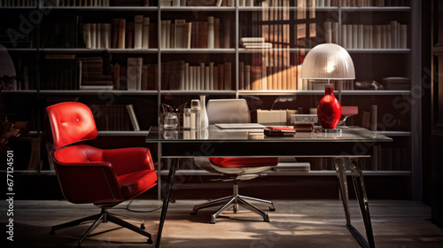 a study with a glass-topped desk and shelves filled with books and a red armchair
