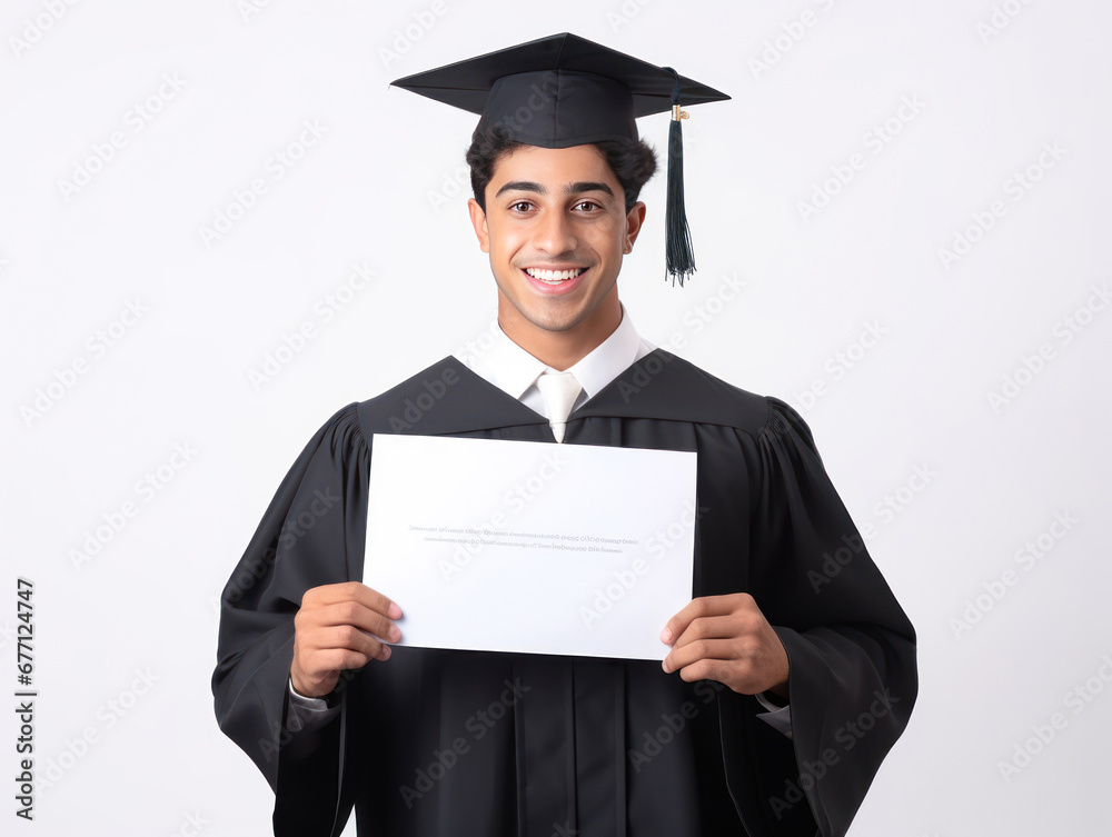 Young graduate student i academic gown and showing degree Young graduate student i academic gown and showing degree