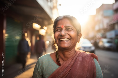 Mature Indian woman smiling happy face on a street