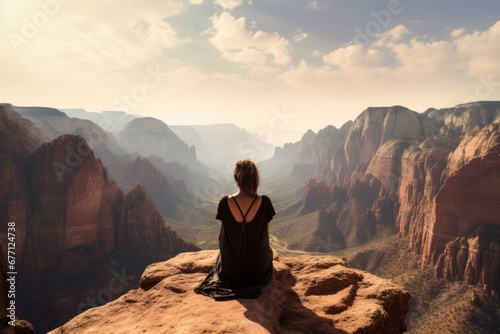 A young woman sitting on a rock overlooking canyons