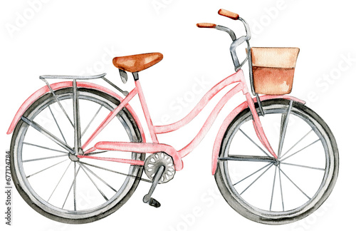 Watercolor women's pink bicycle with a basket for flowers. Hand drawn illustration. Design for baby shower party, birthday, cake, holiday celebration design, posters, greetings card, invitation.