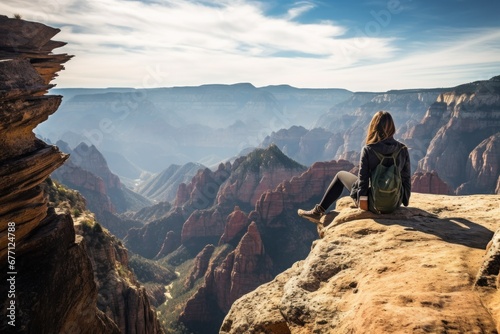 A young woman sitting on a rock overlooking canyons © blvdone
