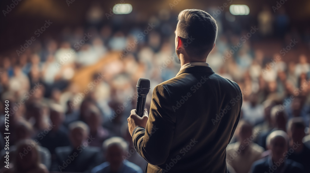 A man making a speech in a large auditorium with audience at a business conference. Motivational trainer performing on stage. Public speaker giving talk at business event - obrazy, fototapety, plakaty 