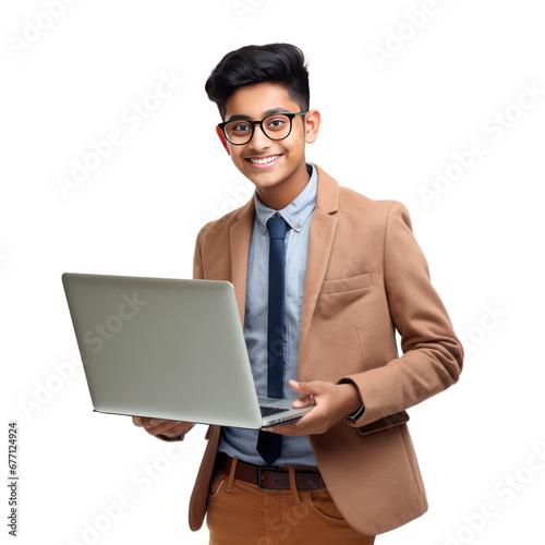 Indian boy in suit using laptop on white background