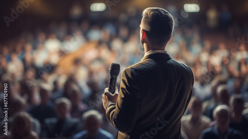 A man making a speech in a large auditorium with audience at a business conference. Motivational trainer performing on stage. Public speaker giving talk at business event