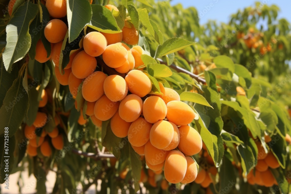 Gorgeous apricot tree with bountiful ripe fruits, standing tall in a picturesque and peaceful garden