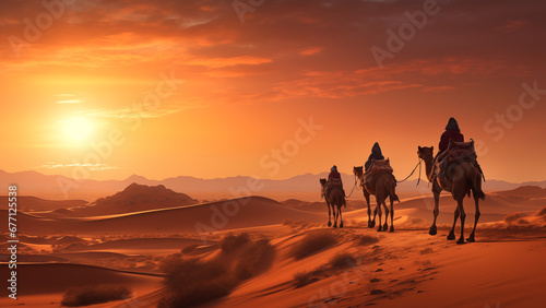 A procession of caravans crossing the endless desert sea at sunset © 대연 김