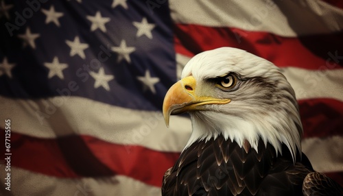 Majestic american bald eagle perched on grunge american flag with distressed vintage effect