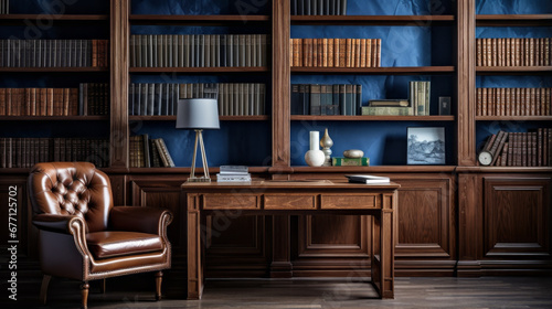 a study with a wooden desk and shelves filled with books and armchair