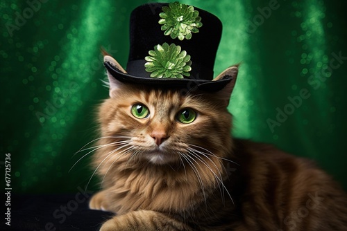 Cute  cat wearing a green top hat for St. Patrick s Day.