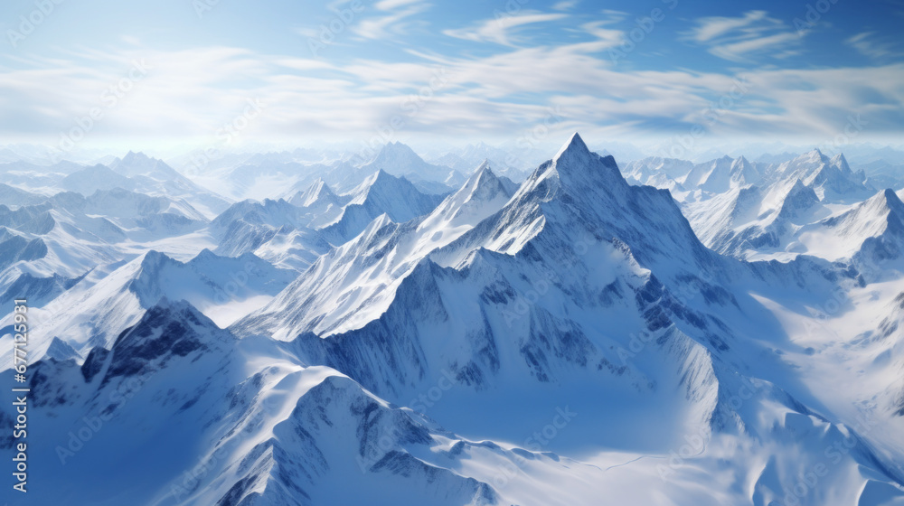 A stunning aerial shot of a mountain range with jagged peaks and snow-covered slopes