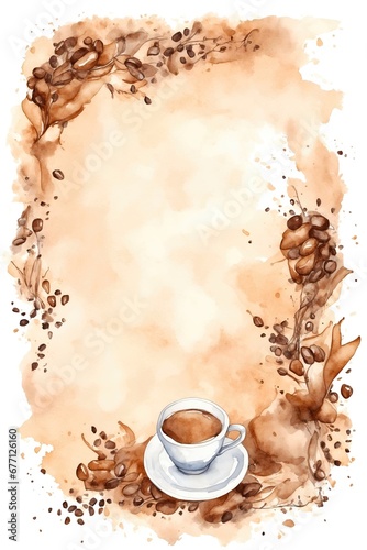 watercolor style Empty page template, coffee theme details. coffee beans and coffee cups. Breakfast desing background With copy space