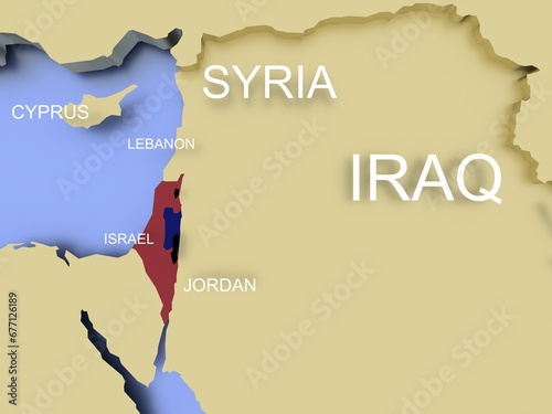a 3D rendered map of middle east in green focused on Israel