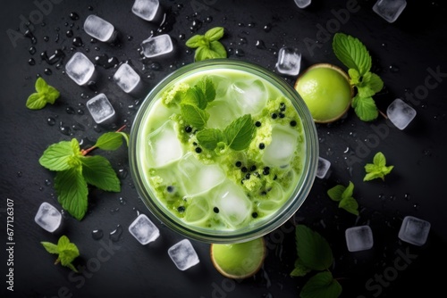 Green matcha bubble tea tapioca drink top view. © okfoto