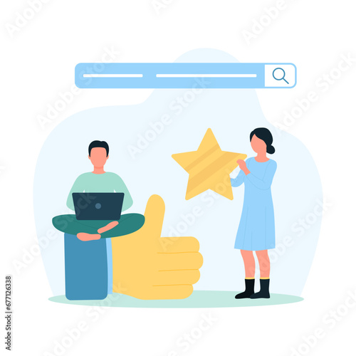 Customers review vector illustration. Cartoon tiny people use giant thumbs up and gold star to rate positive experience, high satisfaction and trust in online service or good quality of product