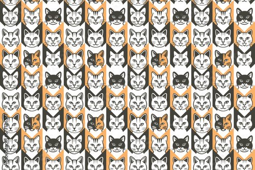 seamless pattern with cats. Cute different cats faces with chaldish seamless pattern background. Diverse domestic cats breed wallpaper. Vector EPS 10