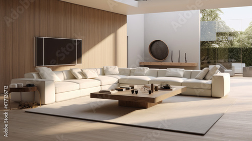 a stylish living room with a white sectional couch and a glass coffee table and a large flat-screen television mounted on the wall