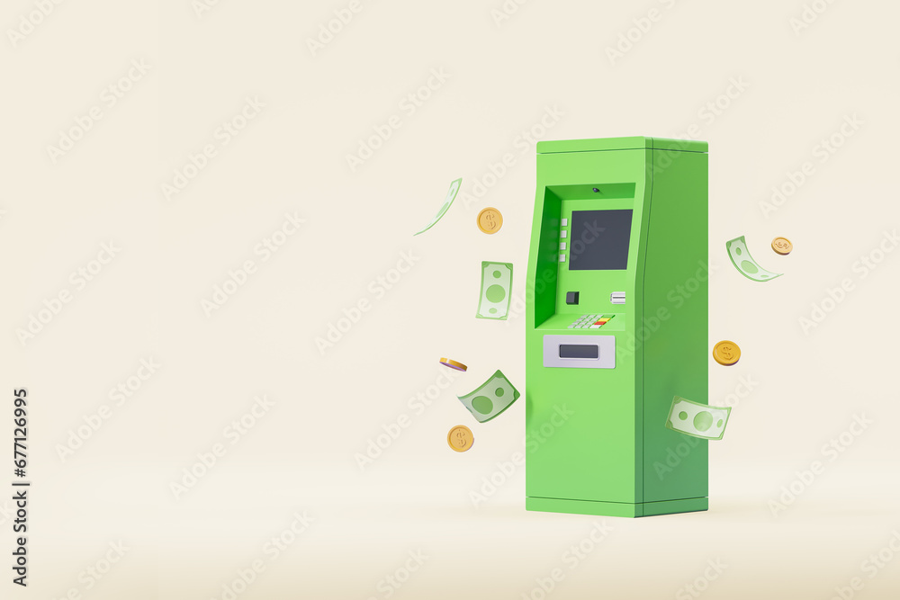 Green ATM bank with money flying on copy space beige background Green ATM bank with money flying on copy space beige background