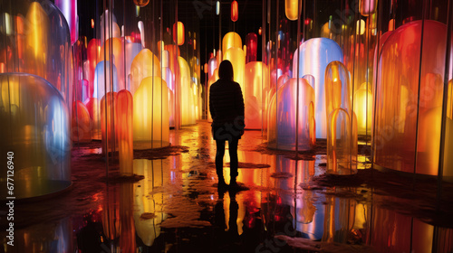 Person surrounded by glowing objects resembling inner emotions