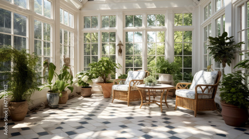 a stylish sunroom with a tile floor and several potted plants and large windows letting in plenty of natural light © Textures & Patterns
