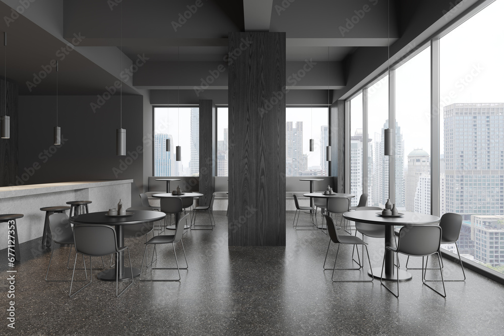 Obraz premium Dark restaurant interior with chairs and table, bar counter and panoramic window