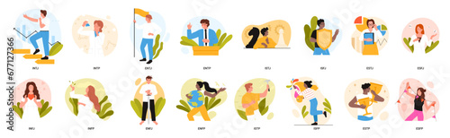 MBTI typology of people set vector illustration. Cartoon isolated characters with different types of behavior and thoughts, ideas to solve problems and focus of thinking, personality mental structure