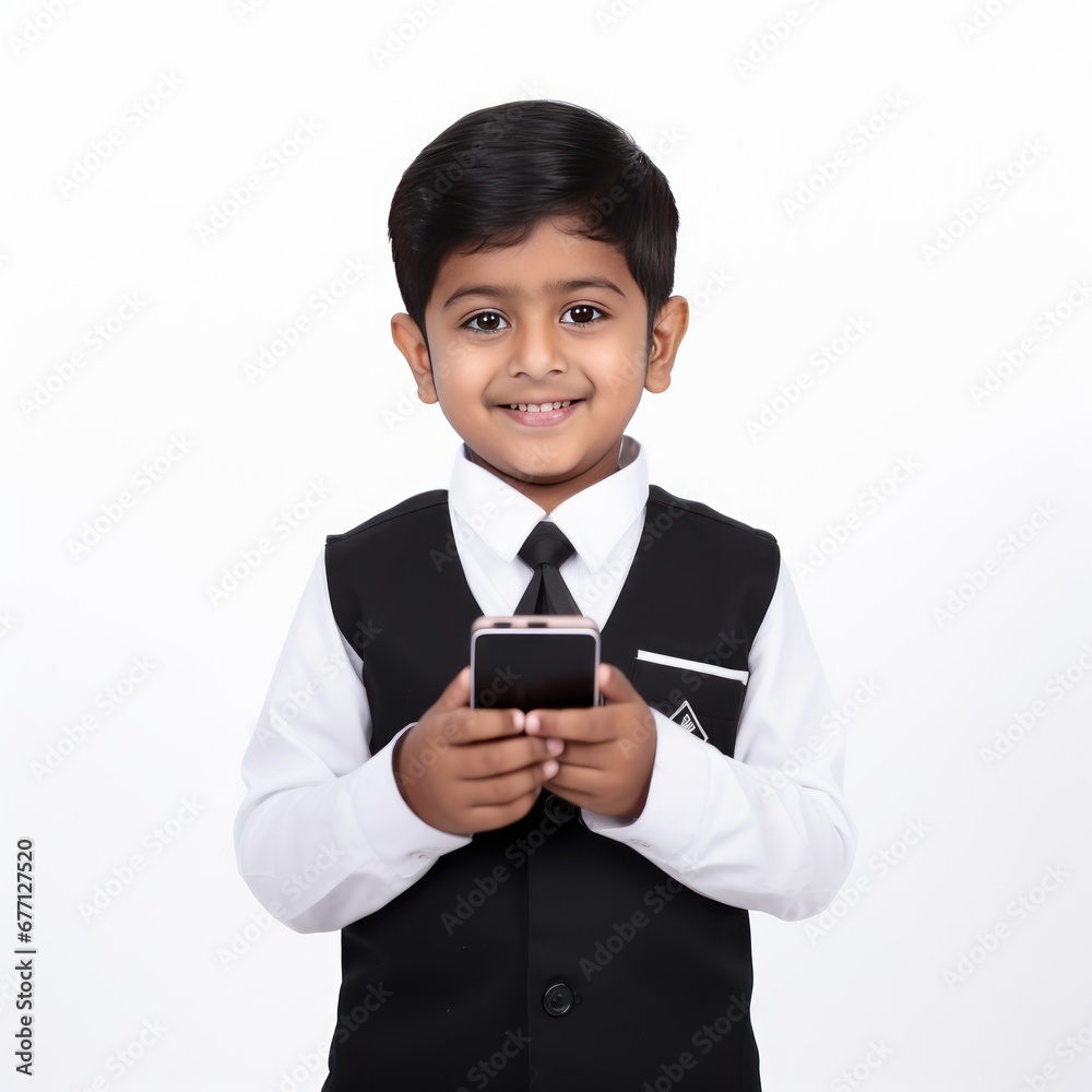 school boy using smartphone on white background. school boy using smartphone on white background.