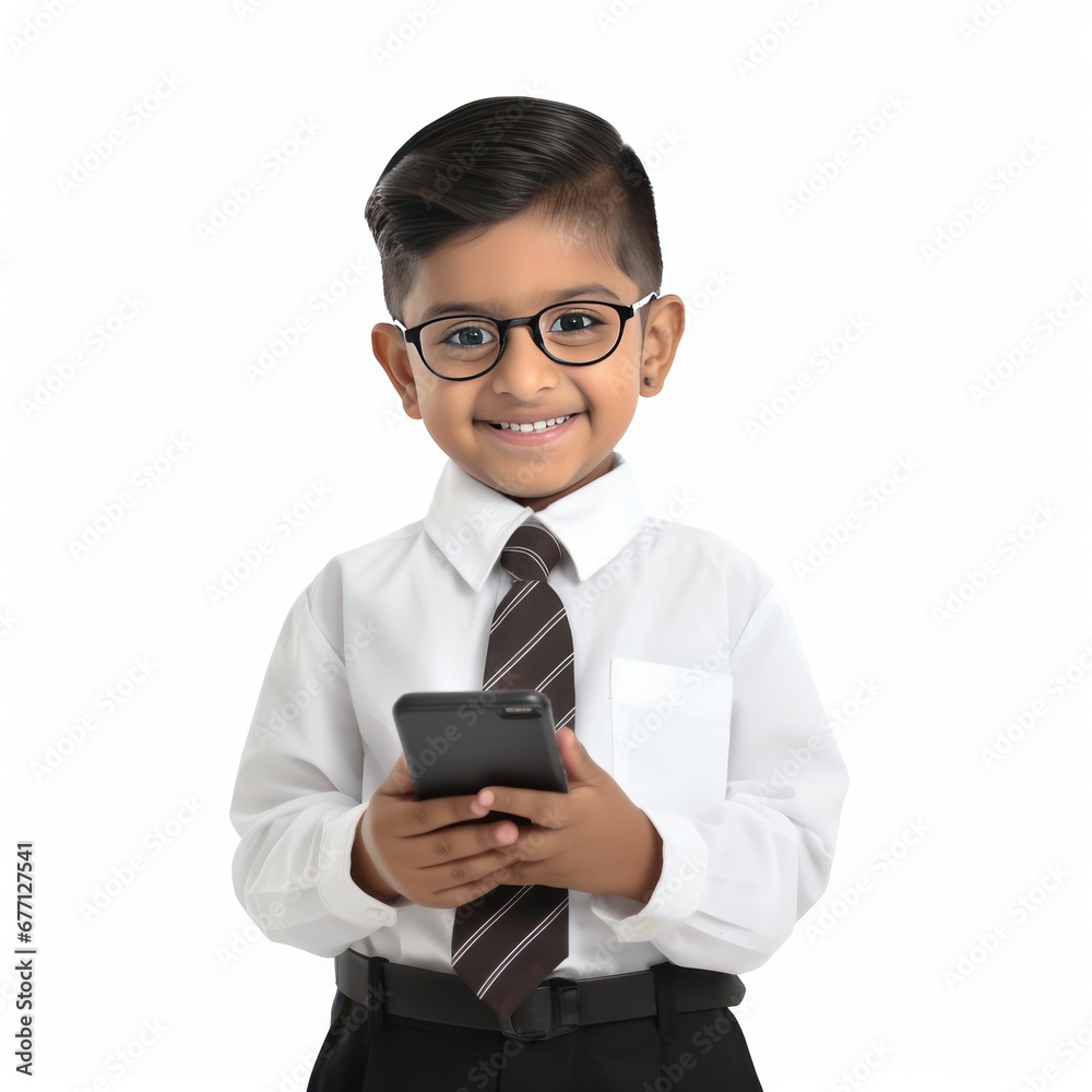school boy using smartphone on white background. school boy using smartphone on white background.