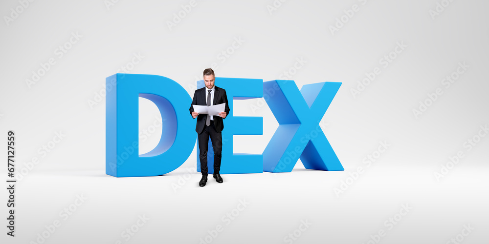 Businessman standing near DEX letters reading documents