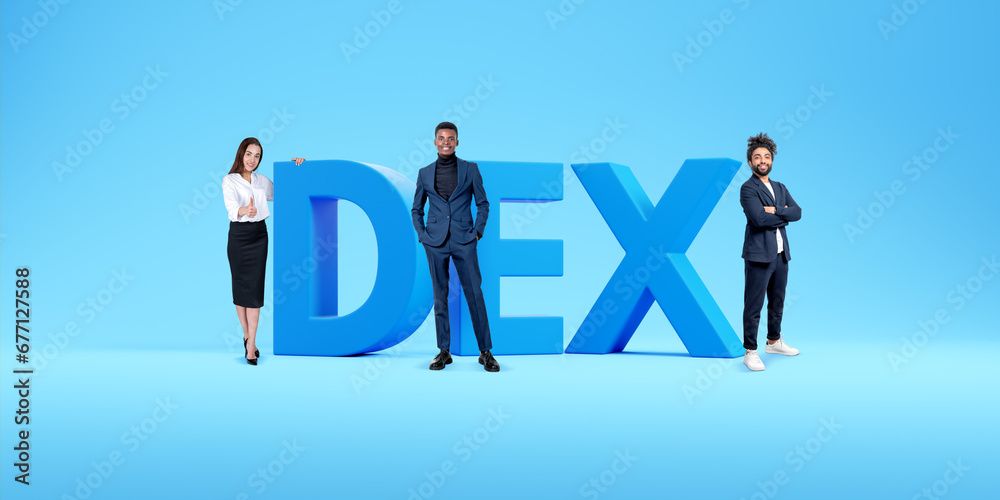 Fototapeta premium Multinational business people standing near DEX letters on blue background