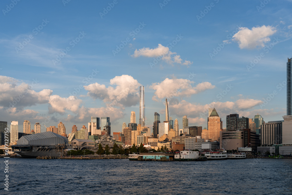 New York west side and panoramic view on skyscrapers with clouds