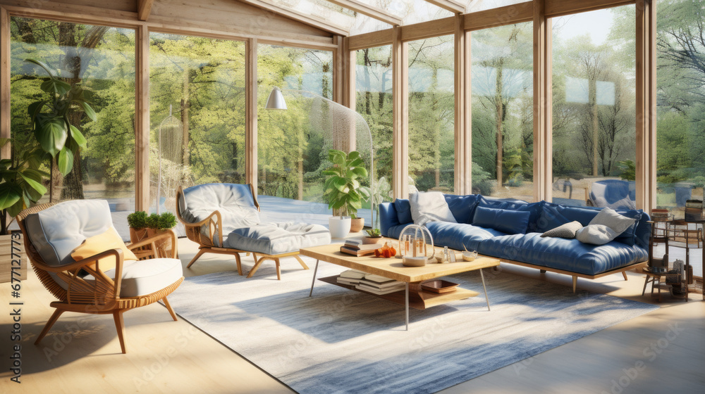 a sunroom with a glass wall and a wooden floor and a blue sofa and two armchairs and a coffee table