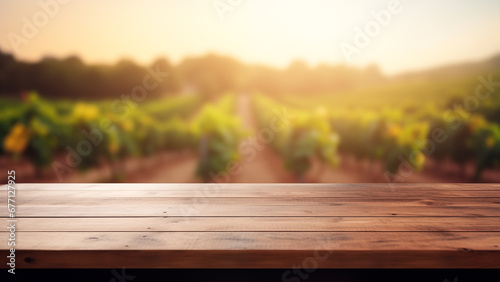 Image of an old wooden table with a vineyard background in the afternoon  for product display