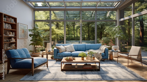 a sunroom with a glass wall and a wooden floor and a blue sofa and two armchairs and a coffee table