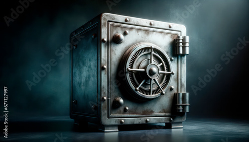 Old metal safe on a dark background. Generative AI