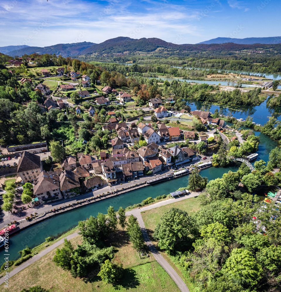 Aerial view of Chanaz, Canal de Savieres in Savoie, France