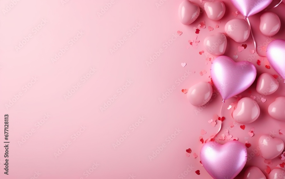 Pink background with heart shaped balloons and confetti, over the shoulder, top view, flat lay, copy space at the left. Happy valentines day, engagement or wedding party poster. AI Generative