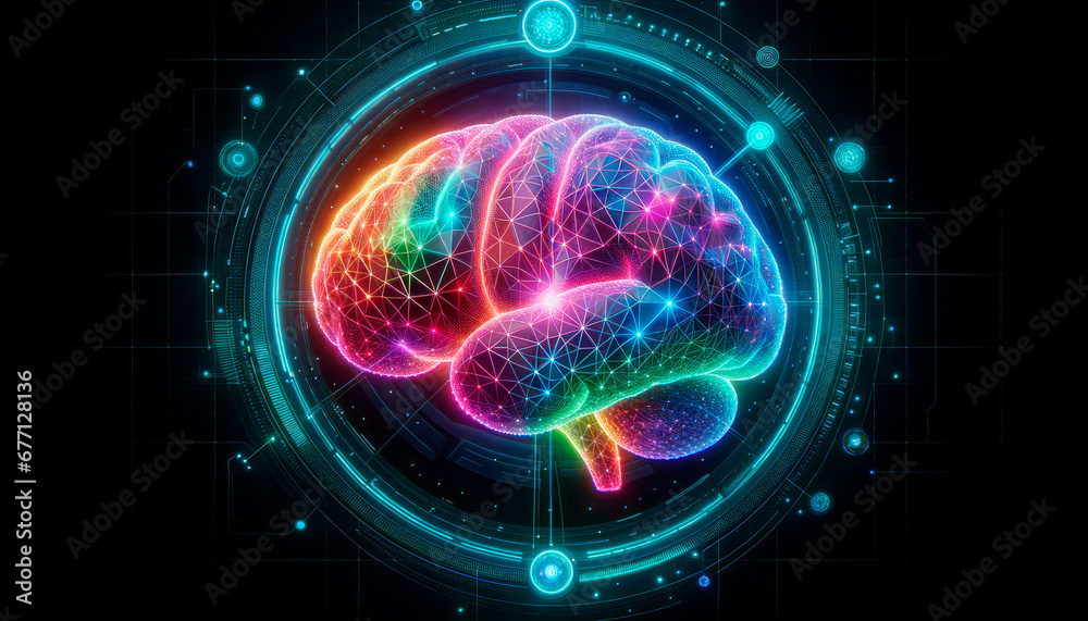Human brain on a dark background with HUD. Artificial intelligence concept. Generative AI Human brain on a dark background with HUD. Artificial intelligence concept. Generative AI